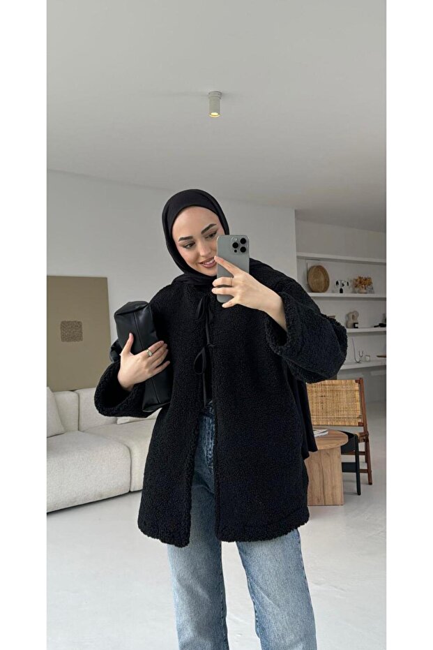 Black Front Tie Teddy Jacket-7328