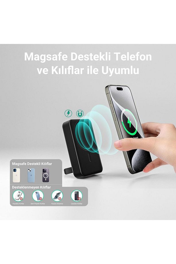 10000 Mah Magsafe Powerbank Standlı Pd20w Taşınabilir Kablosuz Hızlı Şarj Cihazı Siyah - 5