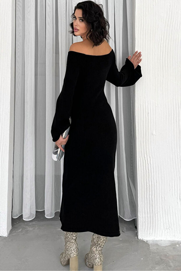 Lastik Örme Kayık Madonna Yaka Uzun İspanyol Kollu Vücudu Saran Kalem Etek Örme Triko Kışlık Elbise - 2