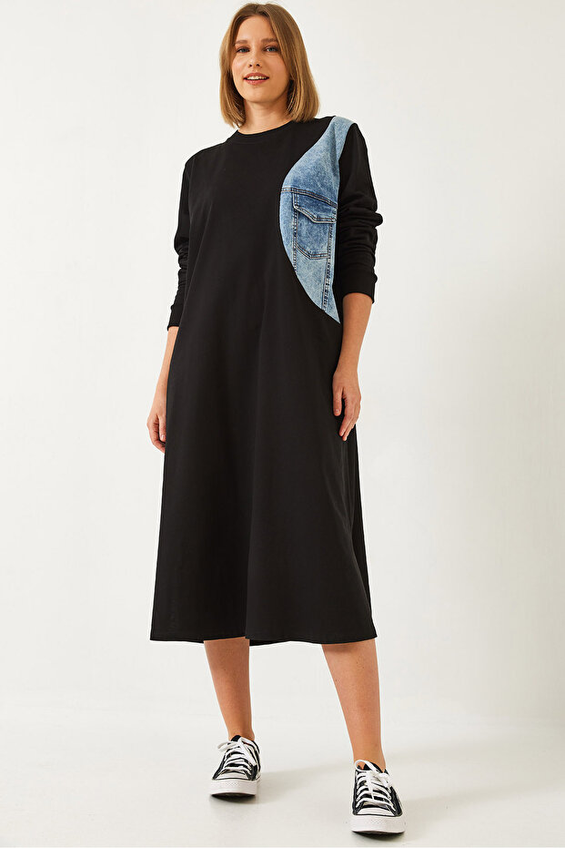 Kadın Denim Parçalı Tek Cepli Uzun Elbise 8055 60351335 - 1