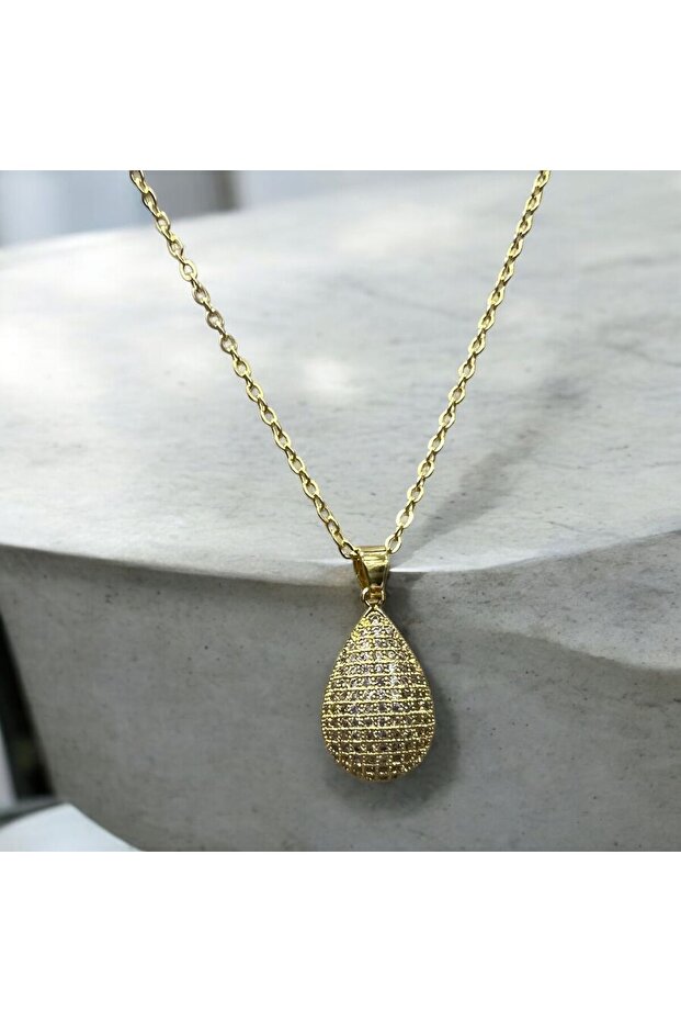 Zircon Stone Steel Chain Stainless Tarnish Free Water Drop Necklace