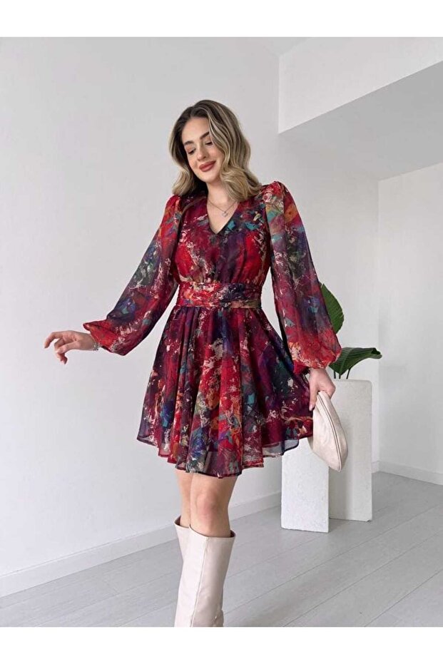 Çiçekli Şifon Elbise - 1
