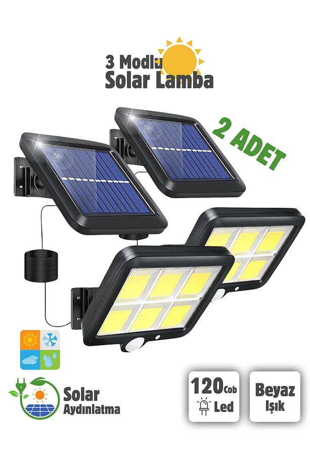 2 Adet 120 Cob Led Solar Panel Güneş Enerjili 3 Mod Duvar Lambası Bahçe - 1