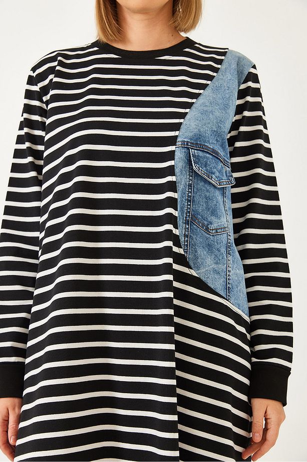 Kadın Denim Parçalı Tek Cepli Uzun Elbise 8055 60351335 - 5