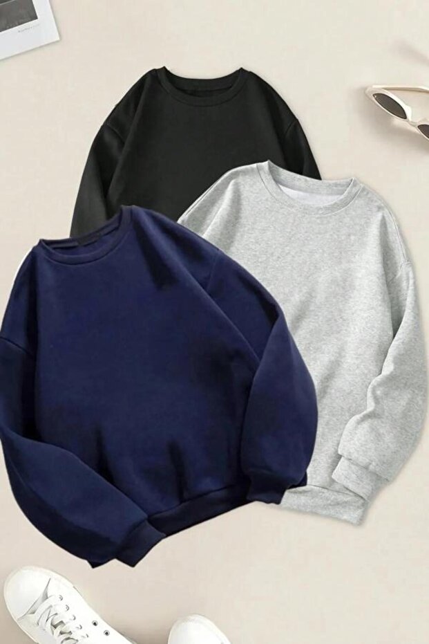 Black Gray Navy Blue 3-Piece Oversize Sweatshirt Set - Blackbonds