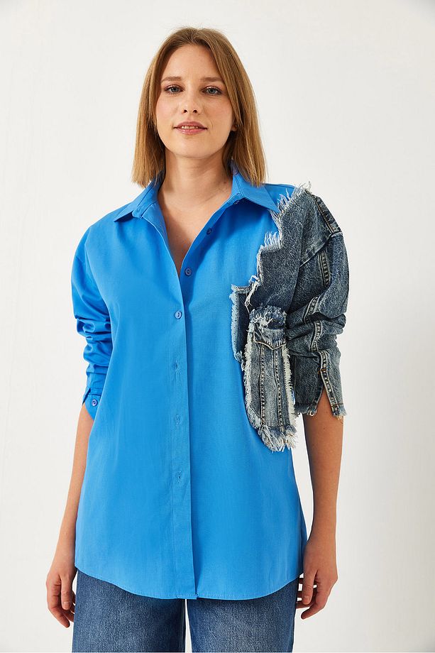 Kadın Denim Parçalı Tek Cepli Gömlek 2669 60351324 - 3