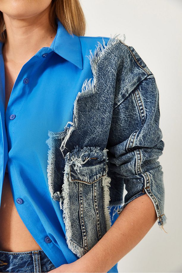 Kadın Denim Parçalı Tek Cepli Gömlek 2669 60351324 - 6