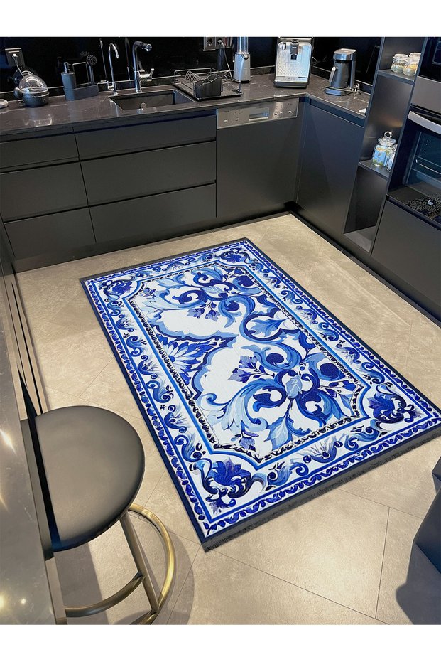 Navy Blue White Blue Blanc Woven Base Digital Printed Carpet Mira 1424
