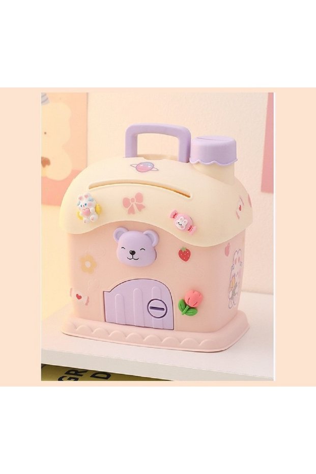 Teddy Bear House Lighted and Lockable Piggy Bank, Pink, 15X10