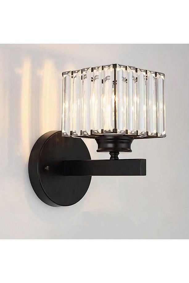 Modern Kare Kristal Taşlı Pilli Aplik Kablosuz Tak Çalıştır Duvar Apliği Siyah - 3
