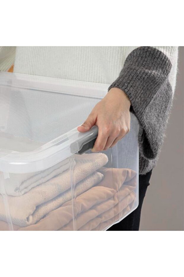 صندوق تخزين قابل للتكديس لتوفير المساحة، شفاف/رمادي، سعة 56.8 لتر - 2