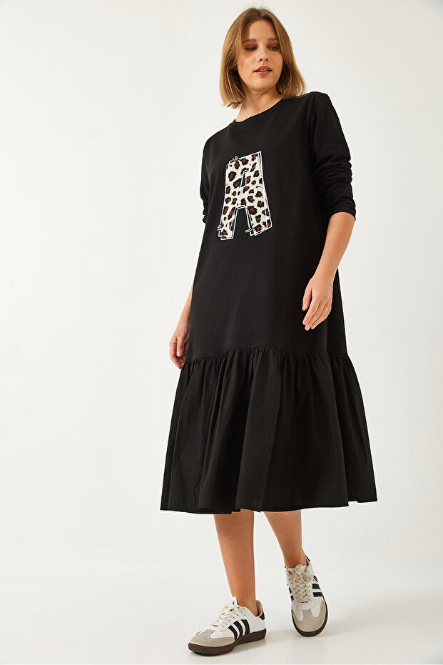 Women's Black a Printed Long Dress 8092 60351361