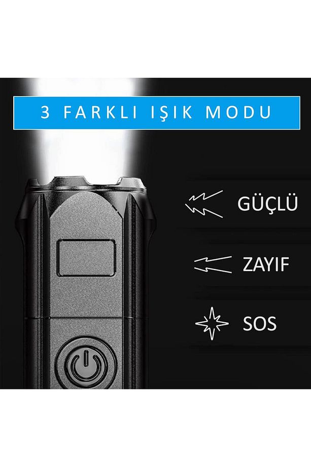Şarjlı Ultra Güç El Feneri Zoom 3 Mod Type-c Uzun Kullanım Suya Dayanıklı - 6