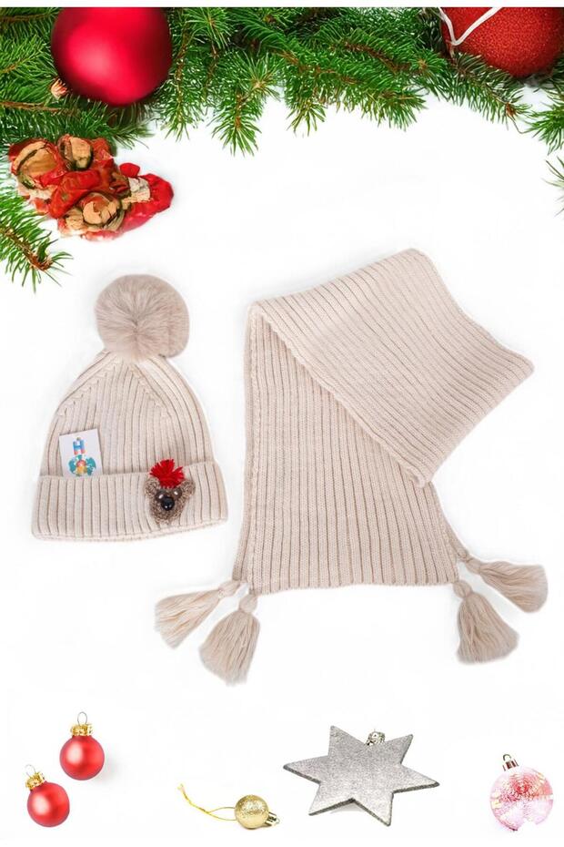 Cream Animal Embroidered 1-8 Years Old Children's Scarf and Beanie Set