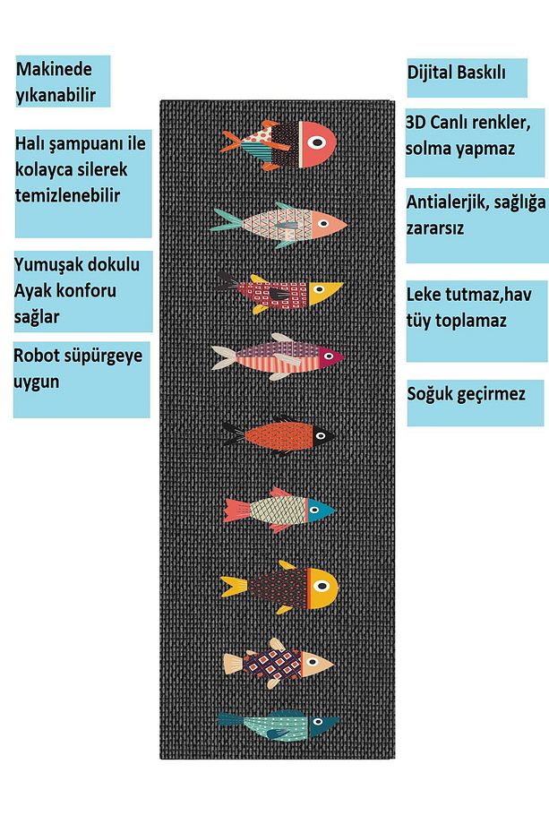 Siyah Zemin Balıklar Desenli Kaymaz Taban Yıkanabilir Mutfak Halısı Yolluk - 2