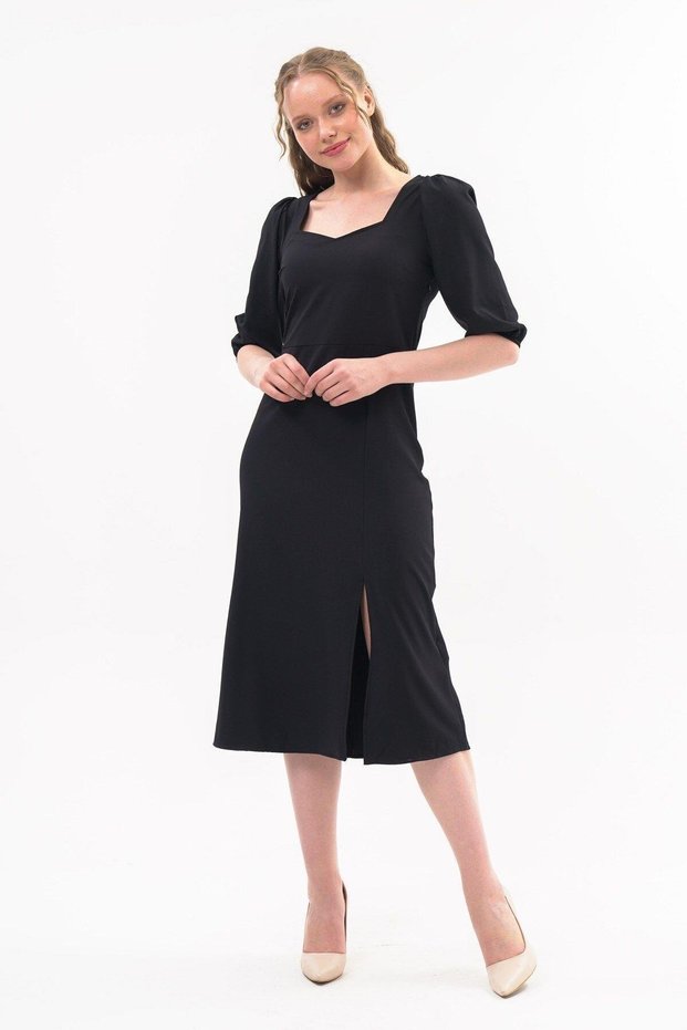 Apsen Women's Black Slit Detailed Pentagonal Neck Midi Crepe Dress 4444-120