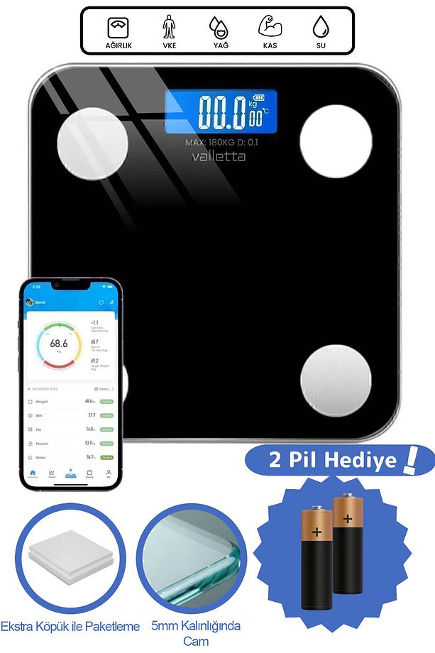 İnferno Pil Hediyeli Dijital Baskül Yağ Su Kas Vücut Kitle Endeksi Kilo Ölçer Tartı Siyah - 1