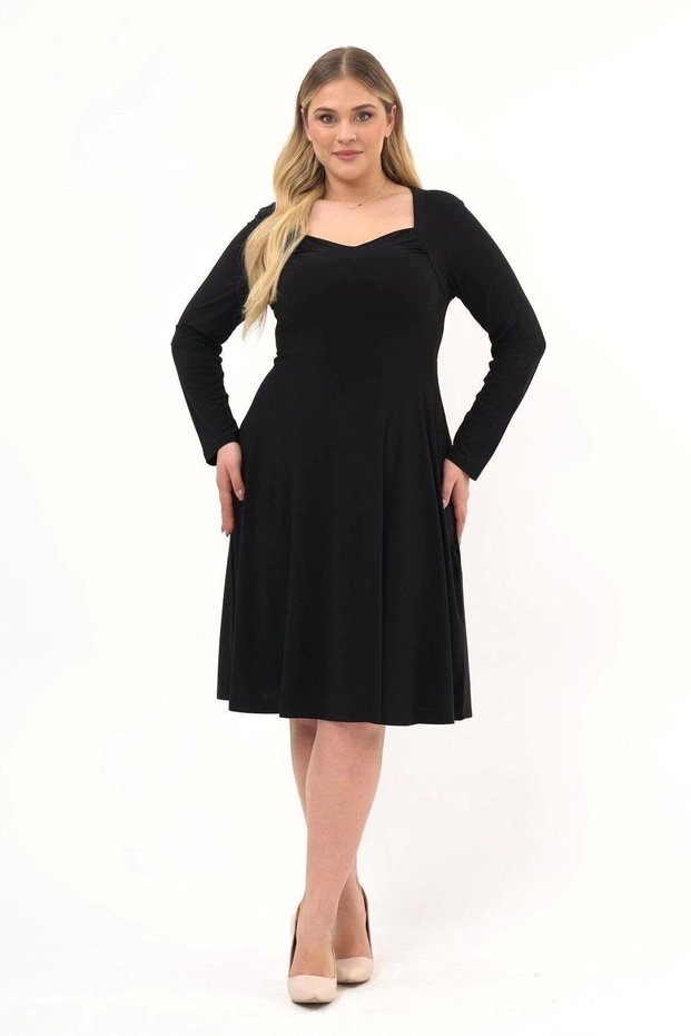 Apsen Women's Black Pentagonal Collar Long Sleeve Detailed Midi Knitted Dress 4464/110