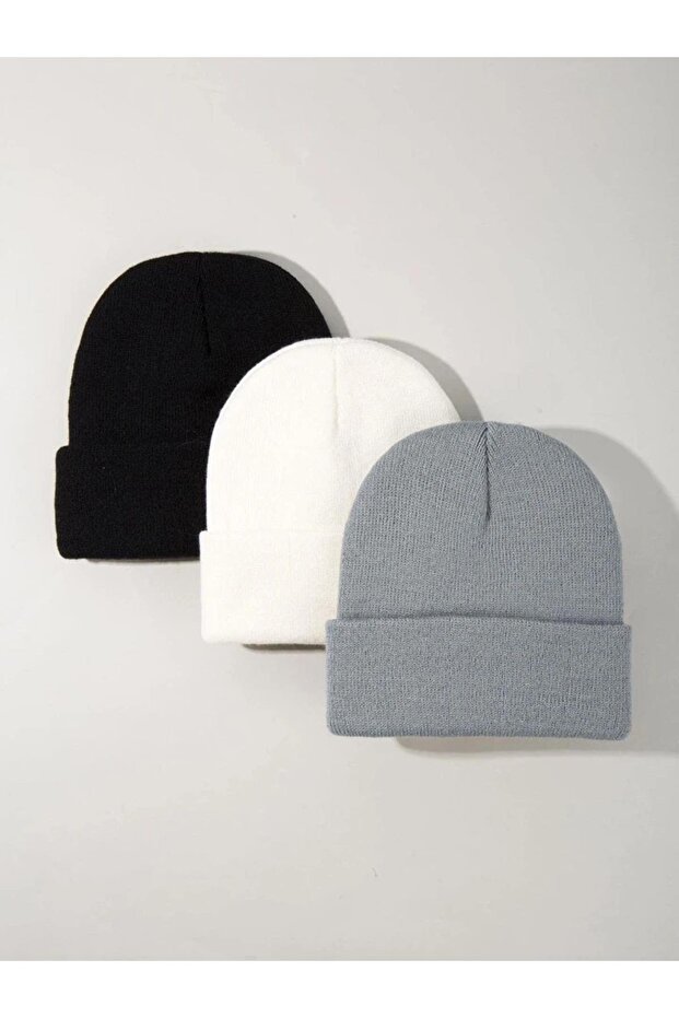 Unisex Folded Black, white, gray 3-Piece Beret Set