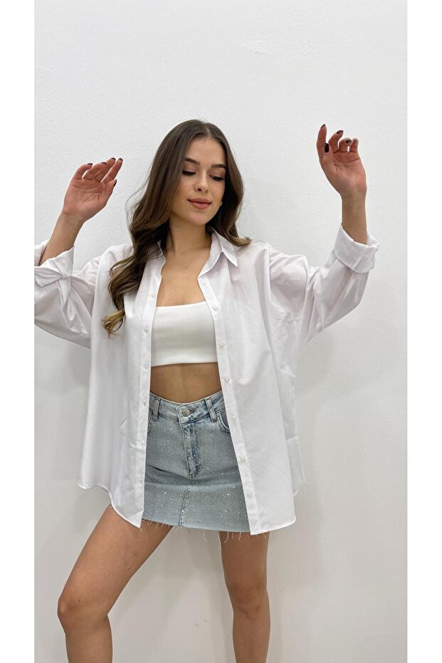 KADIN BEYAZ UZUN BASİC GÖMLEK - 4