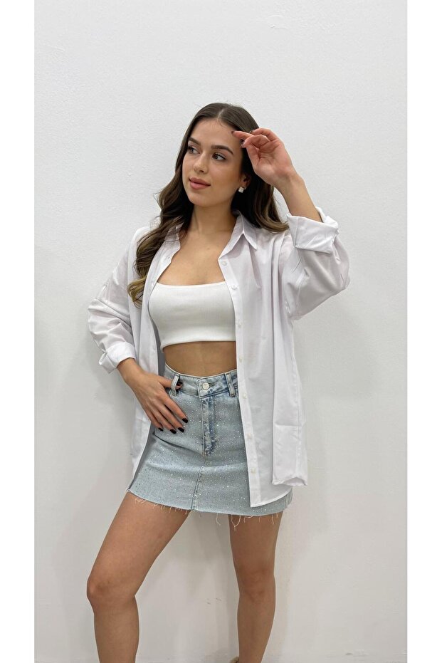 KADIN BEYAZ UZUN BASİC GÖMLEK - 5