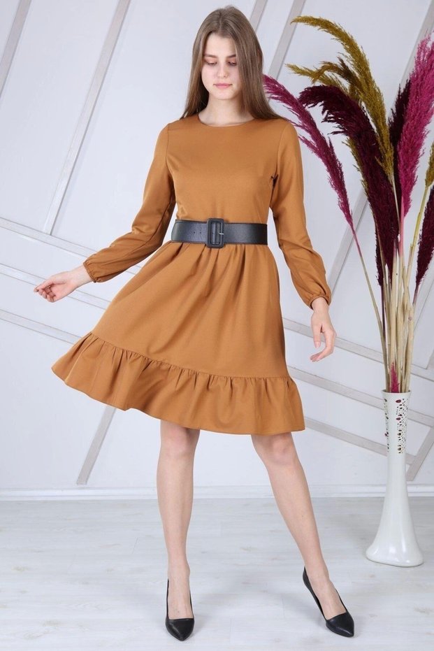 Women's Pink Skirt Frilly Crew Neck Belt Detailed Dress 4345/100