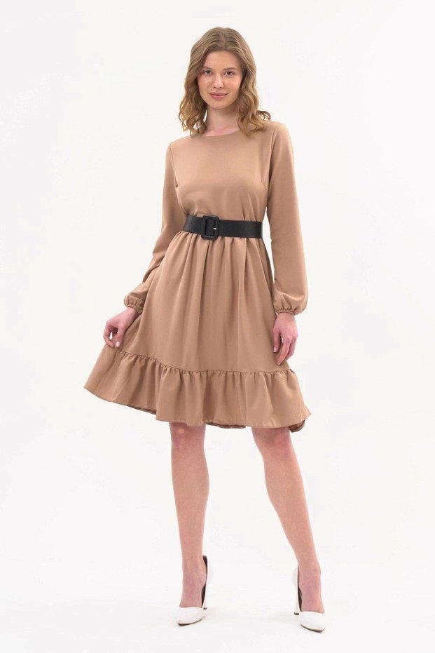 Apsen Women's Camel Skirt Ruffled Crew Neck Belt Detailed Dress 4345-100