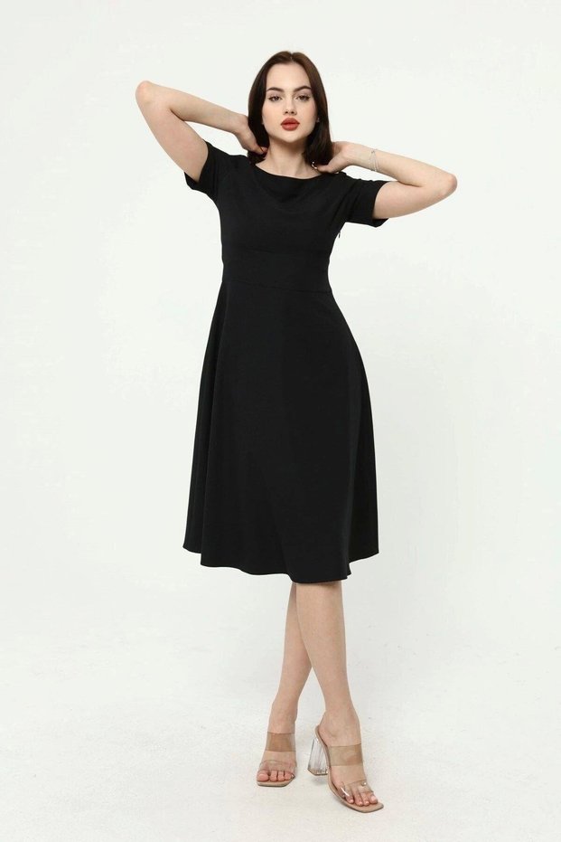 Apsen Women's Black Crew Neck Midi Crepe Dress 4442-110