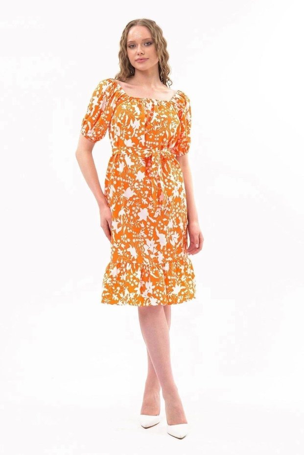 Apsen Women's Orange Boat Neck Gathered Flounce Detailed Midi Summer Dress 4473-105