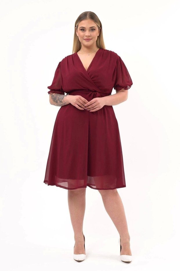 Apsen Women's Burgundy Double Breasted Collar Belted Plus Size Midi Length Chiffon Dress 4255-110