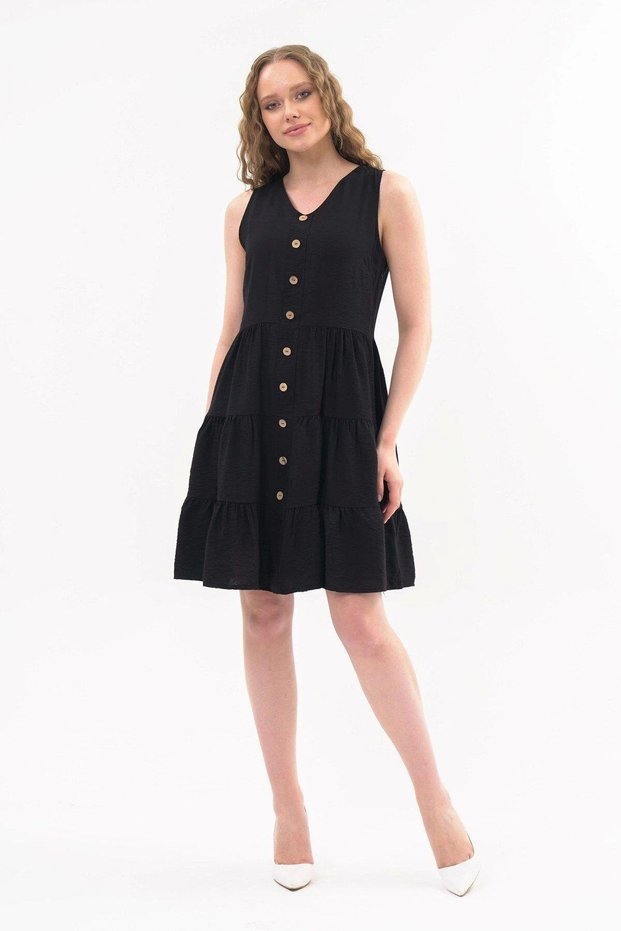 Apsen Women's New Season V-Neck Skirt with Decorative Buttons and Ruffles Black Short Dress 4472-95