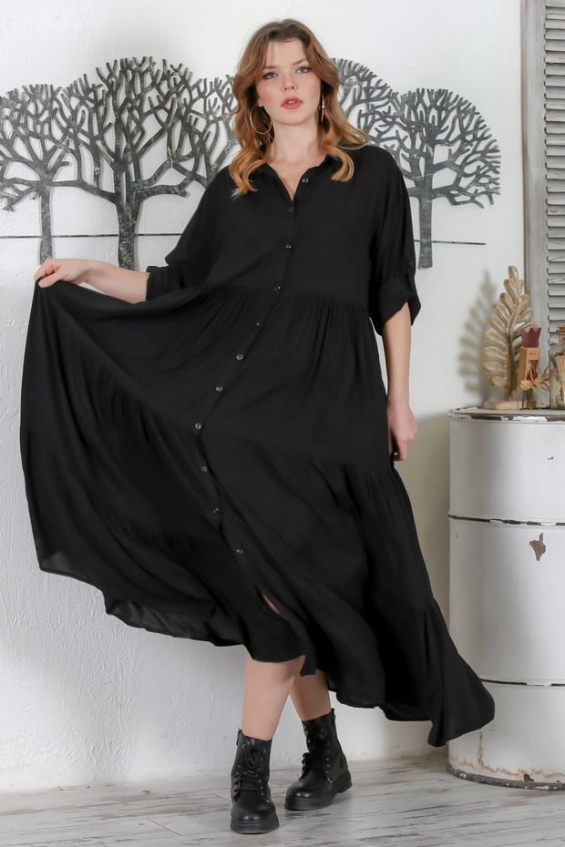 Black Shirt Collar Buttoned Long Sleeve Ruffle Hem Casual Woven Dress 145 60