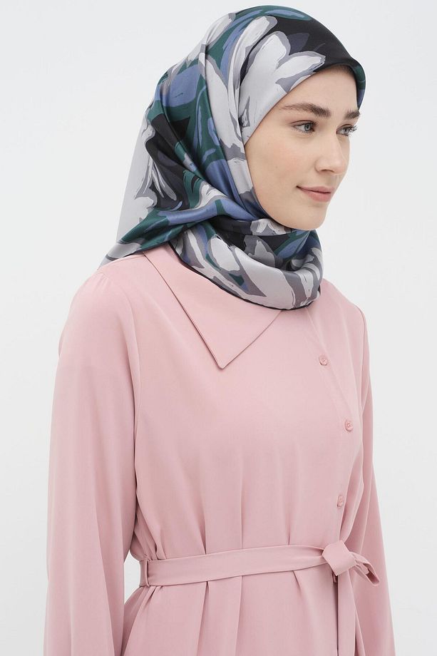 Multi Flower Desenli Twill İpek Eşarp - Mavi - 3