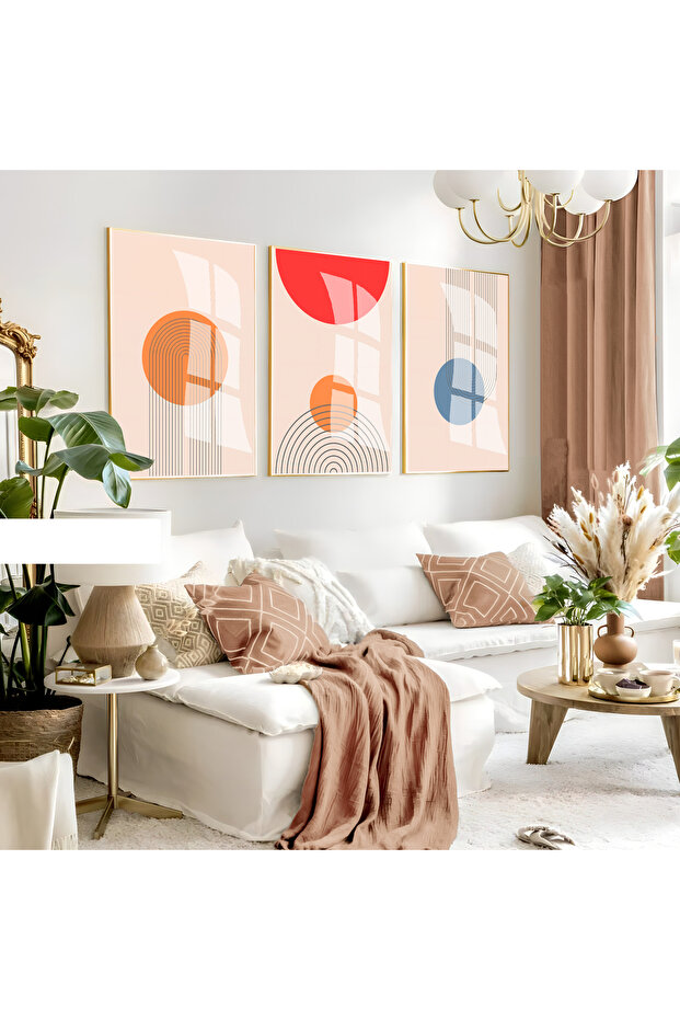 Hari̇kabi̇rev | Cream-Blue-Orange Minimalist Abstract Set 02 | Framed Glass Table 3 Pieces Vertical