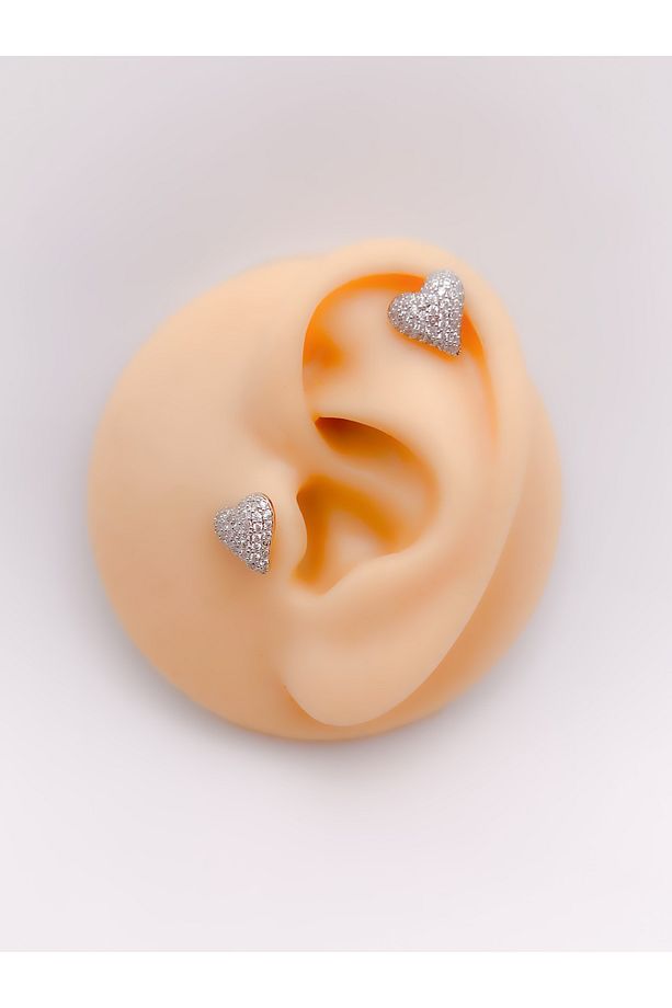 Cerrahi Çelik Piercing Full Zirkon Kaplı Bombeli Kalp Figürlü Kıkırdak Helix Tragus Piercing(1adet) - 1