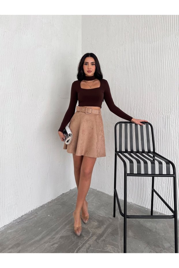 Women's Light Brown Midi Length Belted Suede Flared Skirt