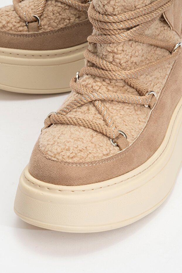 DİLA Sötétbézs műszőrme női vastag talpú hócsizma - 3