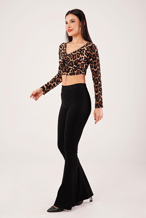 Leopard Print Front Drawstring Crop Top - 4