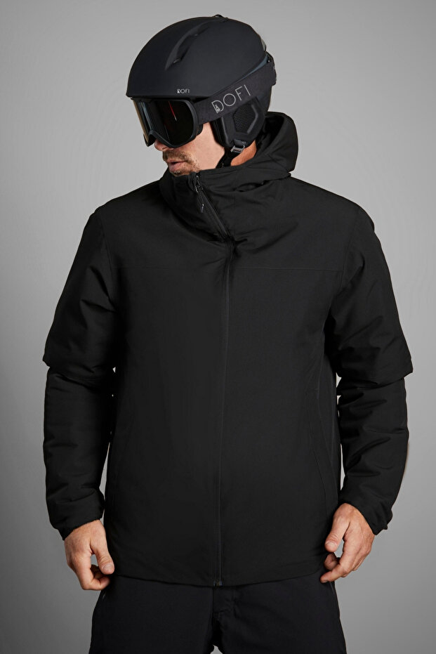 معطف Softshell أسود للرجال من Dofi - غطاء للرأس، جيبين، مقاوم للماء والرياح، بسحاب كامل