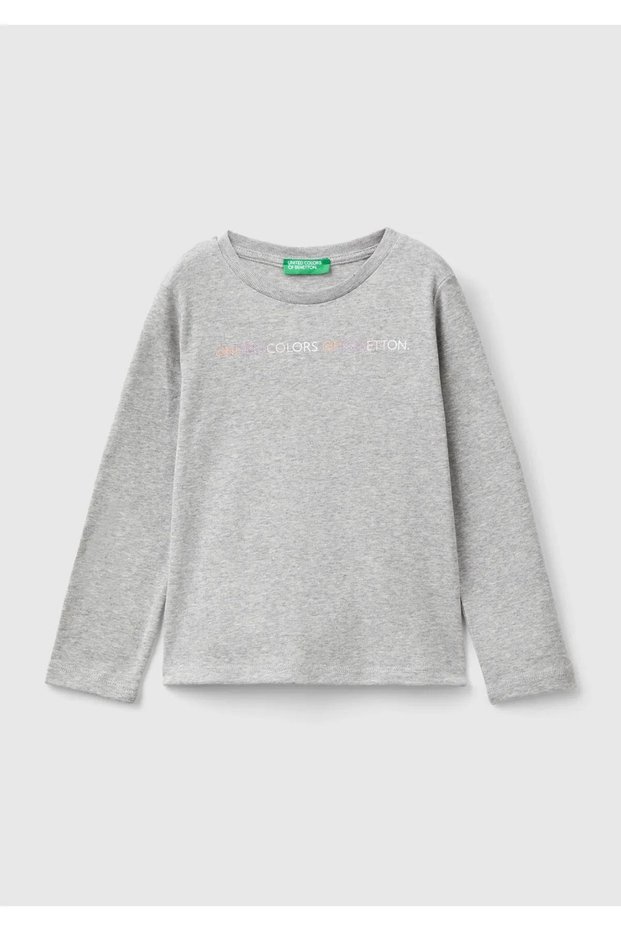 Girl's Gray Melange Front Water-Based Logo Printed Regular Cut Long Sleeve T-Shirt