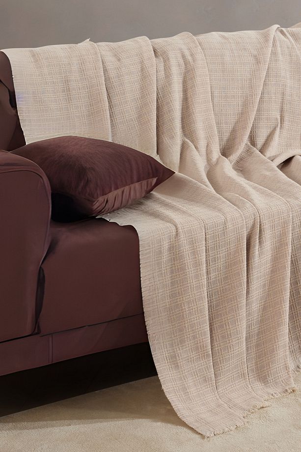 Arden Bej Koltuk Örtüsü 180 x 220 cm Kanepe Çekyat Divan Örtüsü Şalı Pamuklu Dokuma - 2