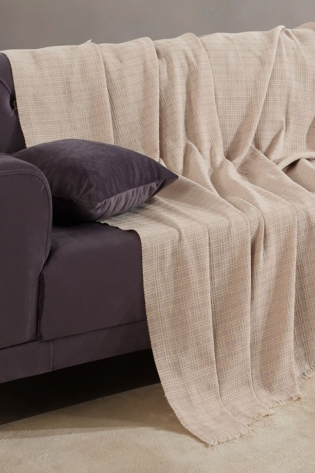 Arden Bej Koltuk Örtüsü 180 x 220 cm Kanepe Çekyat Divan Örtüsü Şalı Pamuklu Dokuma - 4