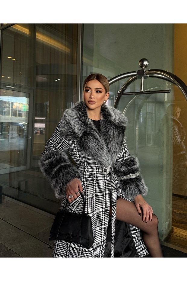Women's Fabric Checkered Pattern Stone Fur Detail Belted Lined Special Design Coat
