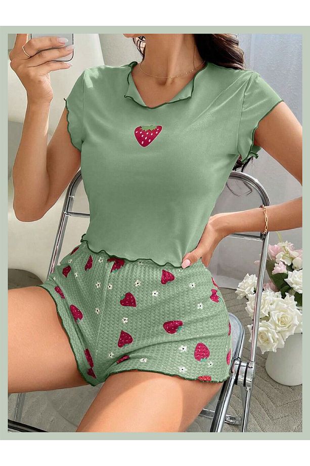 PA Giyim Kadın Çilek Desenli Marul  Kısa Kollu Üst ve Şort Pijama Takımı - 2