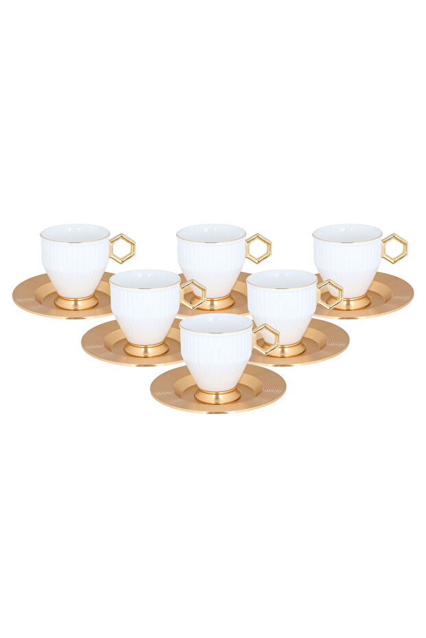 Saif Gallery Coffee Cup Set, 12 Pieces, White and Gold Striped with Saucer