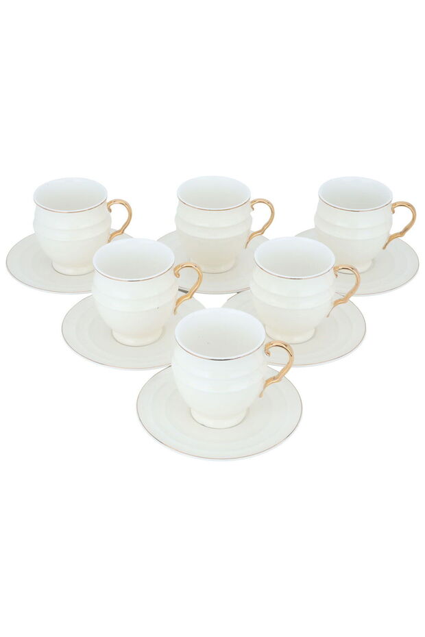 Al Saif Gallery porcelain tea cup set, golden font, with saucer, 12 pieces - cream