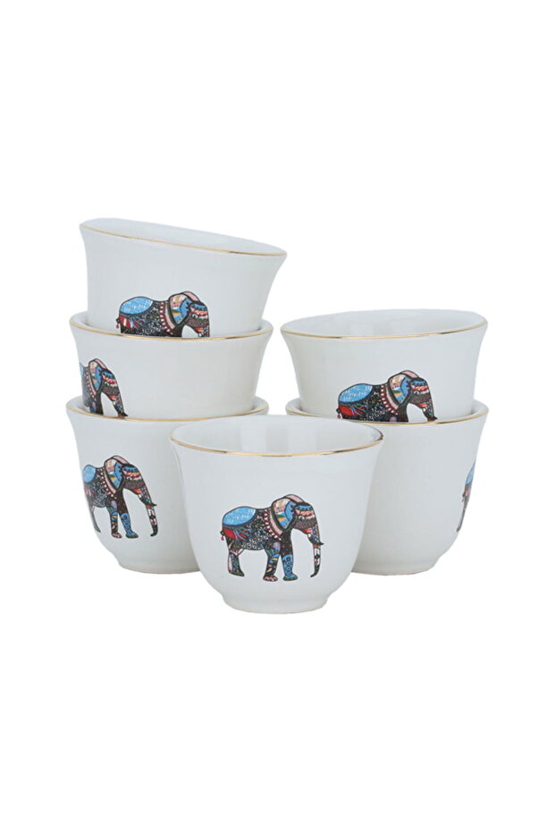 Al Saif Gallery porcelain Arabic coffee cups set, 6 pieces, elephant pattern - white