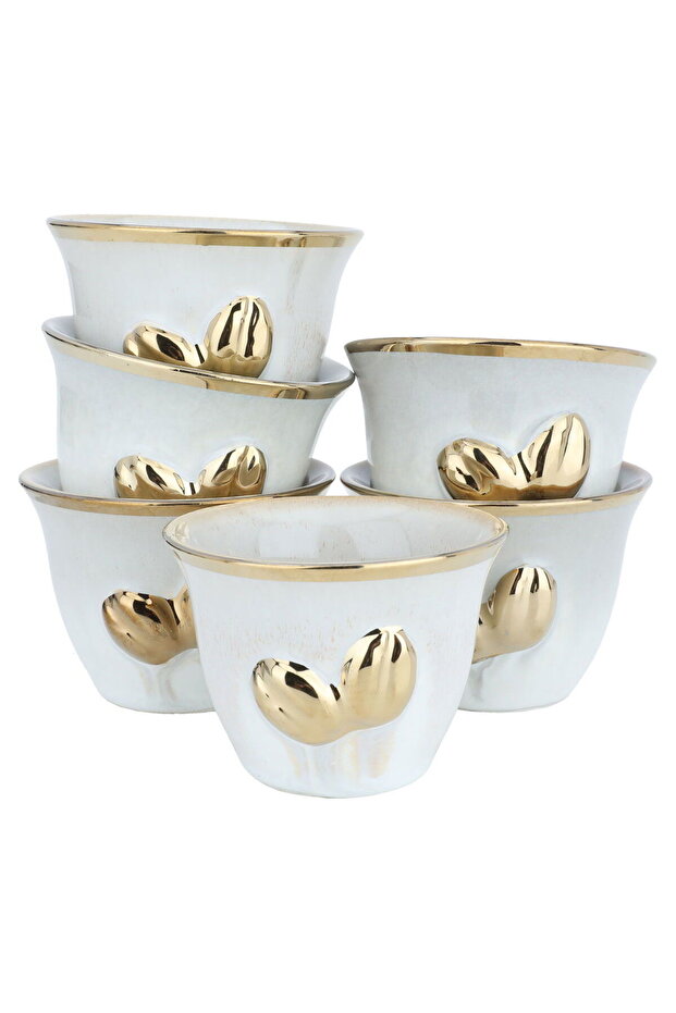 A set of beige and gray Arabic coffee cups with a gold rim, 12 pieces