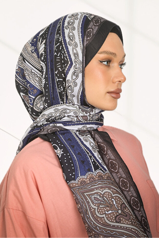 Retro Ethnic Pattern Cotton Soft Shawl Series - New Collection - Navy Blue - Black