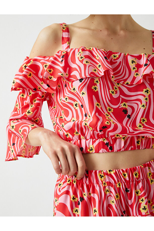 Patterned Crop Blouse Frilly Off Shoulder - 5